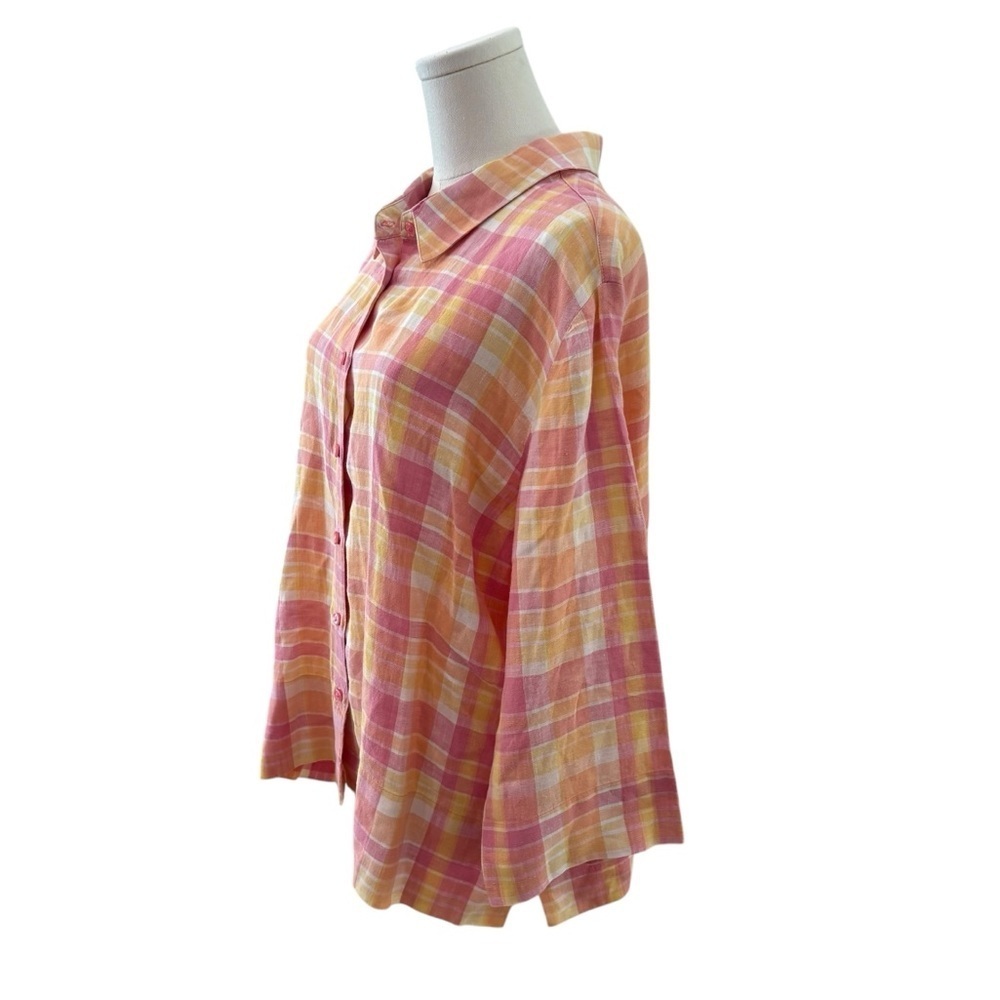 Women's XL Pastel Pink Yellow Plaid 100% Linen Boxy Button-Up Breathable Shirt - Picture 7 of 9